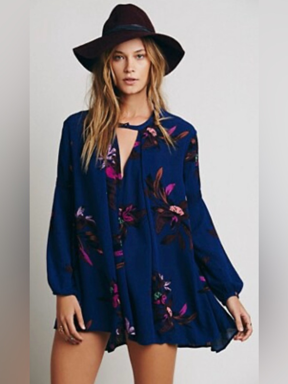 Free People Navy Magenta Floral Tunic